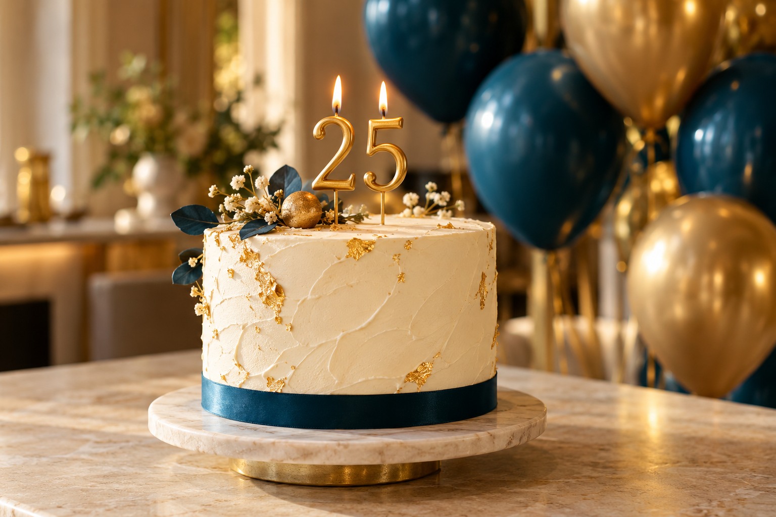 Ünnepi torta arany 25-ös gyertyával, petrolkék szalaggal és arany díszítéssel, illusztráció.